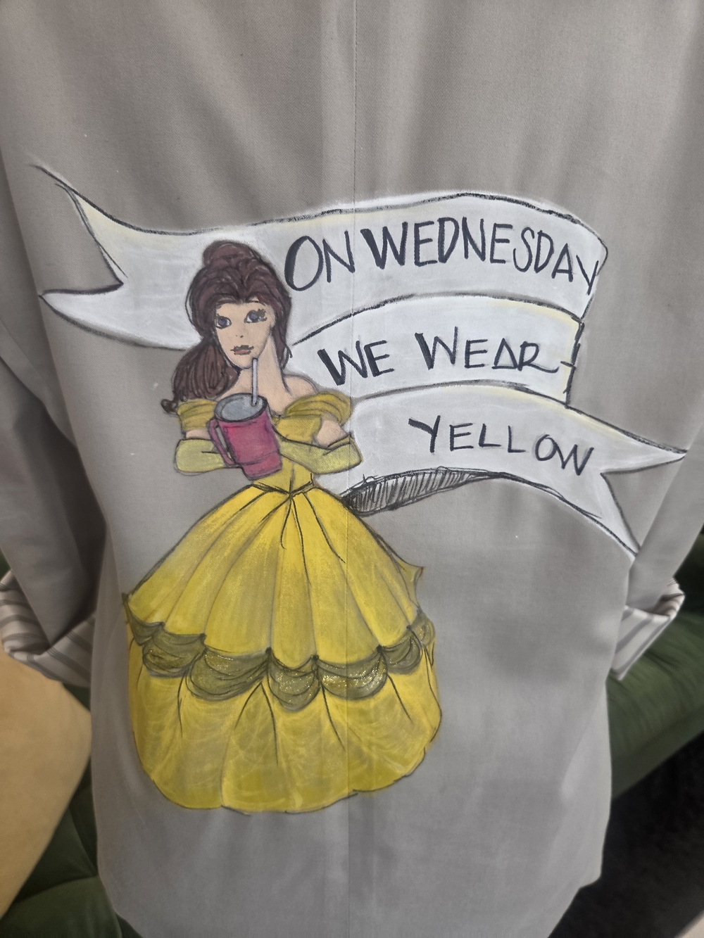 Hand-painted Belle Disney Blazer "On Wednesday We Wear Yellow" Oversized M/L/XL - Picture 4 of 14